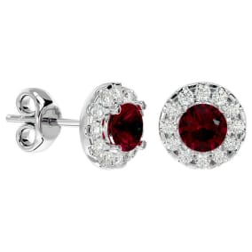 1 Carat Ruby and Halo Diamond Stud Earrings In 14 Karat White Gold