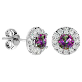 1 Carat Mystic Topaz and Halo Diamond Stud Earrings In 14 Karat White Gold