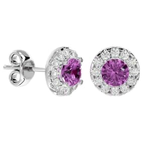 1 Carat Pink Topaz and Halo Diamond Stud Earrings In 14 Karat White Gold
