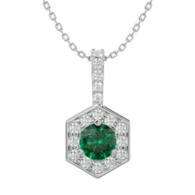 1/2 Carat Round Shape Emerald Necklaces With Hexagon Diamond Halo In 14 Karat White Gold, 18 Inch Chain