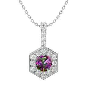 1/2 Carat Mystic Topaz Necklace With Hexagon Diamond Halo In 14 Karat White Gold, 18 Inches