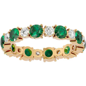 2 Carat Emerald and Moissanite Eternity Ring In 14 Karat Yellow Gold, Ring Size 4.5