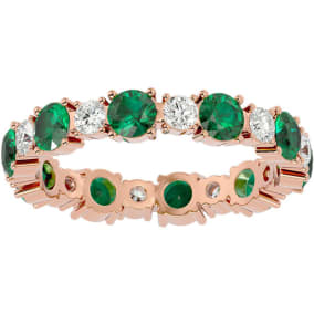2 Carat Emerald and Diamond Eternity Ring In 14 Karat Rose Gold, Ring Size 4