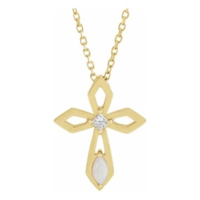 0.05 Carat Diamond and Opal Cross Necklace In 14 Karat Yellow Gold, 16-18 Inches