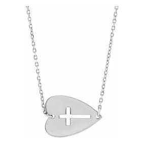 Sideways Cross Necklace In Heart In 14 Karat White Gold, 18 Inches