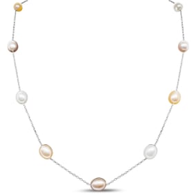 Freshwater Cultured Pearls By The Yard Necklace With Peach, Pink and White Pearls In Sterling Silver, 17 Inches