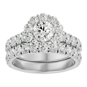 3 Carat Halo Diamond Bridal Set In 14 Karat White Gold. Huge Bridal Set At A Very Low Price