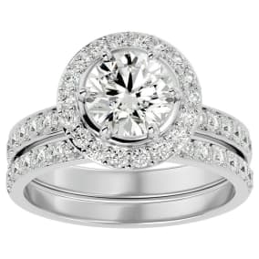 2 1/2 Carat Moissanite Halo Bridal Set In 14 Karat White Gold With 1 1/2 Carat Center Moissanite