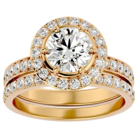 2 1/2 Carat Moissanite Halo Bridal Set In 14 Karat Yellow Gold With 1 1/2 Carat Center Moissanite