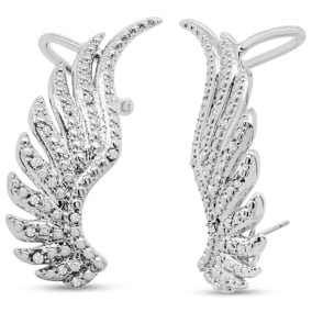 1/4 Carat Natural Diamond Feather Cuff Earrings In White Gold Overlay.  Sells Out Immediately!