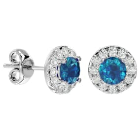 1 Carat Blue Diamond and Halo Diamond Stud Earrings In 14 Karat White Gold