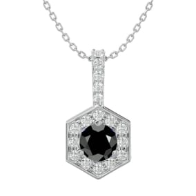 1/2 Carat Black Diamond and Halo Diamond Necklace In 14 Karat White Gold, 18 Inches