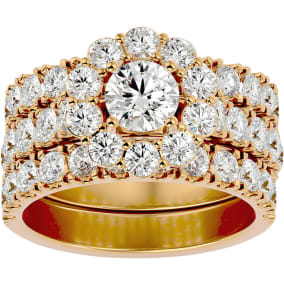 4 1/4 Carat Round Shape Diamond Bridal Set With Two Bands In 14 Karat Yellow Gold