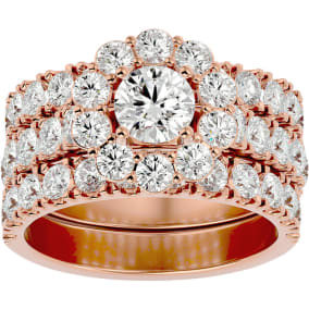 4 1/4 Carat Round Shape Diamond Bridal Set With Two Bands In 14 Karat Rose Gold