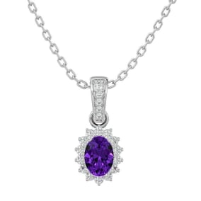 1 Carat Oval Shape Amethyst and Diamond Necklace In 14 Karat White Gold, 18 Inches