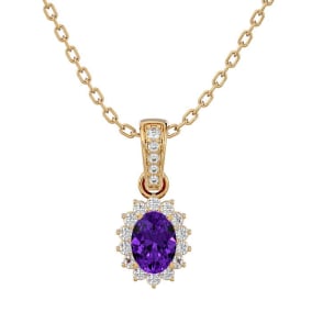 1 Carat Oval Shape Amethyst and Diamond Necklace In 14 Karat Yellow Gold, 18 Inches