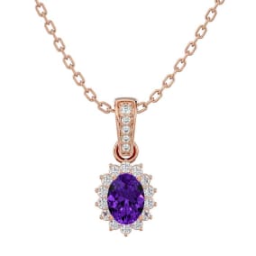 1 Carat Oval Shape Amethyst and Diamond Necklace In 14 Karat Rose Gold, 18 Inches