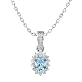 1 Carat Oval Shape Aquamarine and Diamond Necklace In 14 Karat White Gold, 18 Inches