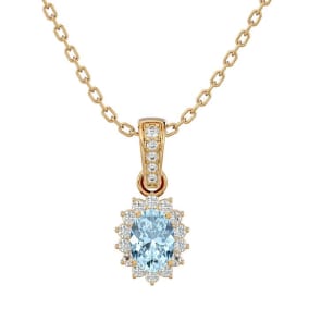 Aquamarine Necklace: Aquamarine Jewelry: 1 Carat Oval Shape Aquamarine and Diamond Necklace In 14 Karat Yellow Gold, 18 Inches