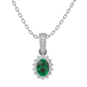 1 Carat Oval Shape Emerald Necklaces With Diamond Halo In 14 Karat White Gold, 18 Inch Chain