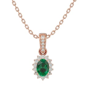 1 Carat Oval Shape Emerald Necklaces With Diamond Halo In 14 Karat Rose Gold, 18 Inch Chain