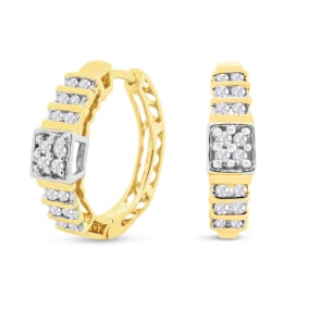 Diamond Earrings: Huggy Style 1/4ct Diamond Hoop Earrings in 10k Yellow Gold
