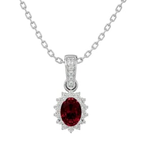 Garnet Necklace: Garnet Jewelry: 1 1/3 Carat Oval Shape Garnet and Diamond Necklace In 14 Karat White Gold, 18 Inches
