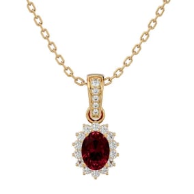 Garnet Necklace: Garnet Jewelry: 1 1/3 Carat Oval Shape Garnet and Diamond Necklace In 14 Karat Yellow Gold, 18 Inches