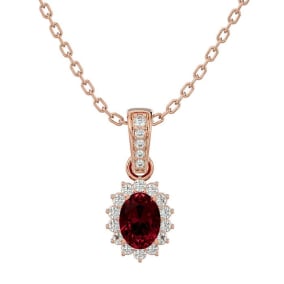 Garnet Necklace: Garnet Jewelry: 1 1/3 Carat Oval Shape Garnet and Diamond Necklace In 14 Karat Rose Gold, 18 Inches
