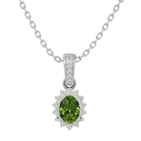 1 1/3 Carat Oval Shape Peridot and Diamond Necklace In 14 Karat White Gold, 18 Inches