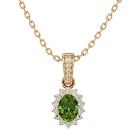1 1/3 Carat Oval Shape Peridot and Diamond Necklace In 14 Karat Yellow Gold, 18 Inches