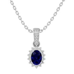 1 1/3 Carat Oval Shape Sapphire and Diamond Necklace In 14 Karat White Gold, 18 Inches