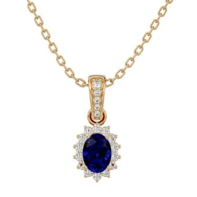 1 1/3 Carat Oval Shape Sapphire and Diamond Necklace In 14 Karat Yellow Gold, 18 Inches