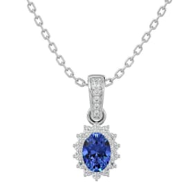1 1/3 Carat Oval Shape Tanzanite and Diamond Necklace In 14 Karat White Gold, 18 Inches