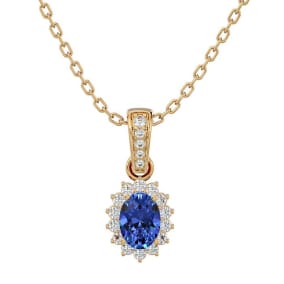 1 1/3 Carat Oval Shape Tanzanite and Diamond Necklace In 14 Karat Yellow Gold, 18 Inches