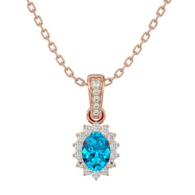 1 1/3 Carat Oval Shape Blue Topaz and Diamond Necklace In 14 Karat Rose Gold, 18 Inches