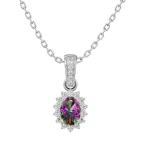 1 Carat Oval Shape Mystic Topaz and Diamond Necklace In 14 Karat White Gold, 18 Inches