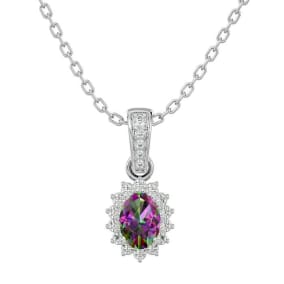 1 Carat Oval Shape Mystic Topaz Necklace With Diamond Halo In 14 Karat White Gold, 18 Inches