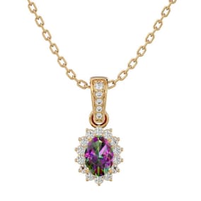 1 Carat Oval Shape Mystic Topaz Necklace With Diamond Halo In 14 Karat Yellow Gold, 18 Inches