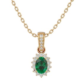 1 Carat Oval Shape Emerald and Diamond Necklace In 14 Karat Yellow Gold, 18 Inches