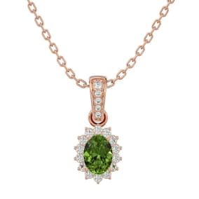 1 1/3 Carat Oval Shape Peridot and Diamond Necklace In 14 Karat Rose Gold, 18 Inches