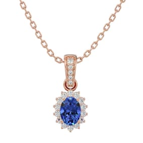 1 1/3 Carat Oval Shape Tanzanite and Diamond Necklace In 14 Karat Rose Gold, 18 Inches