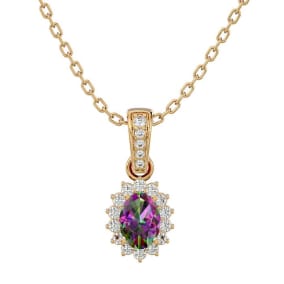 1 Carat Oval Shape Mystic Topaz and Diamond Necklace In 14 Karat Yellow Gold, 18 Inches