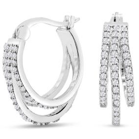 1/2 Carat Triple Diamond Hoop Earrings In Platinum Overlay
