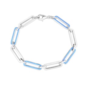Sterling Silver and Blue Enamel Paperclip Bracelet, 7 Inches