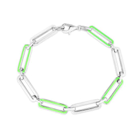 Sterling Silver and Green Enamel Paperclip Bracelet, 7 Inches
