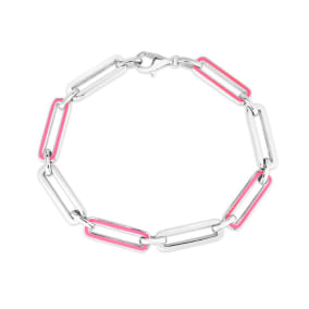Sterling Silver and Pink Enamel Paperclip Bracelet, 7 Inches