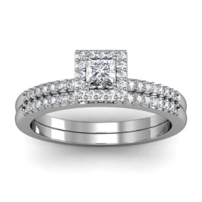 Estate Jewelry 1/2 Carat Princess Cut Pave Halo Diamond Bridal Set in 14k White Gold, Size 3  