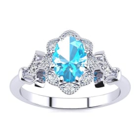 1 Carat Oval Shape Blue Topaz and Halo Diamond Vintage Ring In 1.4 Karat Gold™
