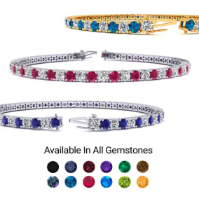 4 Carat Gemstone and Diamond Tennis Bracelet In 14 Karat White, Yellow and Rose Gold Available In 6-9 Inch Lengths